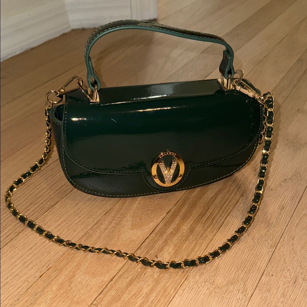 Valentino Orlandi Dark Green Crossbody Bag with removable gold chain